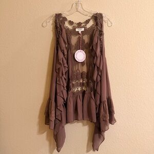 Umgee Brown Lace Ruffle Vest